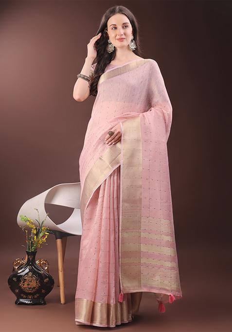 Light Pink Woven Zari Work Organza Saree Set