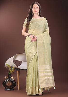 Light Green Woven Zari Work Organza Saree Set