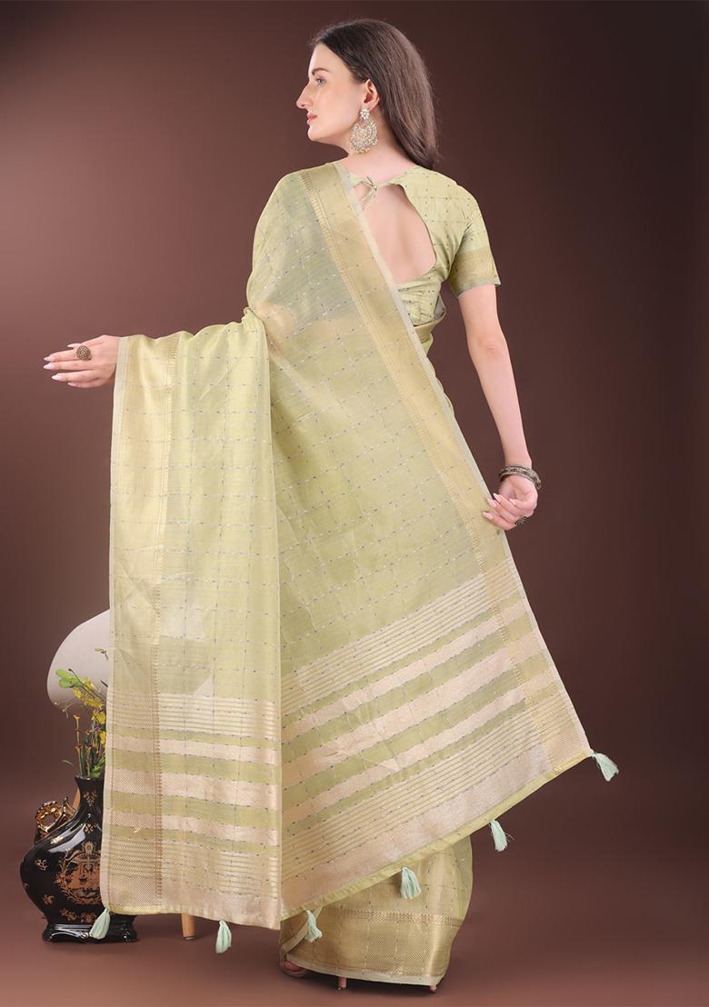 Light Green Woven Zari Work Organza Saree Set