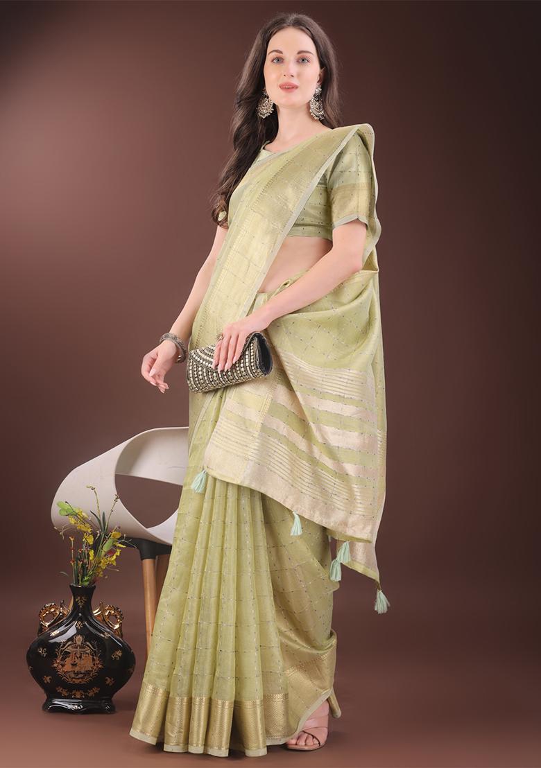 Light Green Woven Zari Work Organza Saree Set