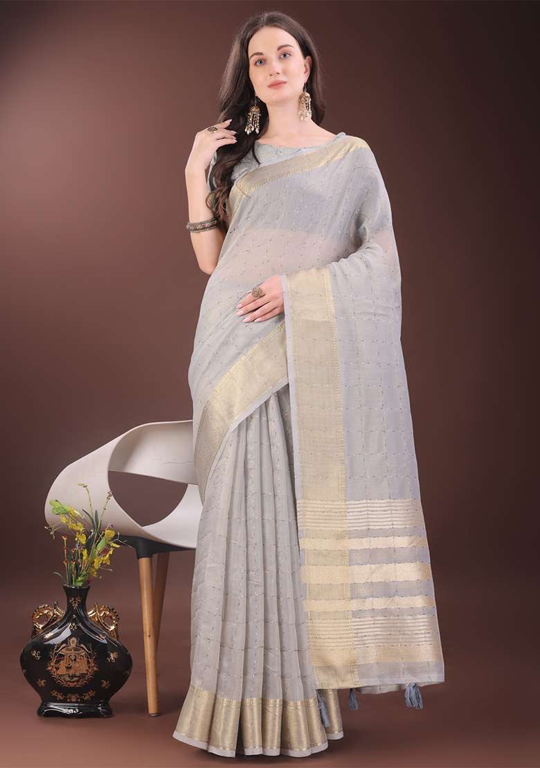 Grey Woven Zari Work Organza Saree Set - Indya