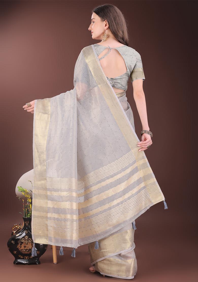 Grey Woven Zari Work Organza Saree Set