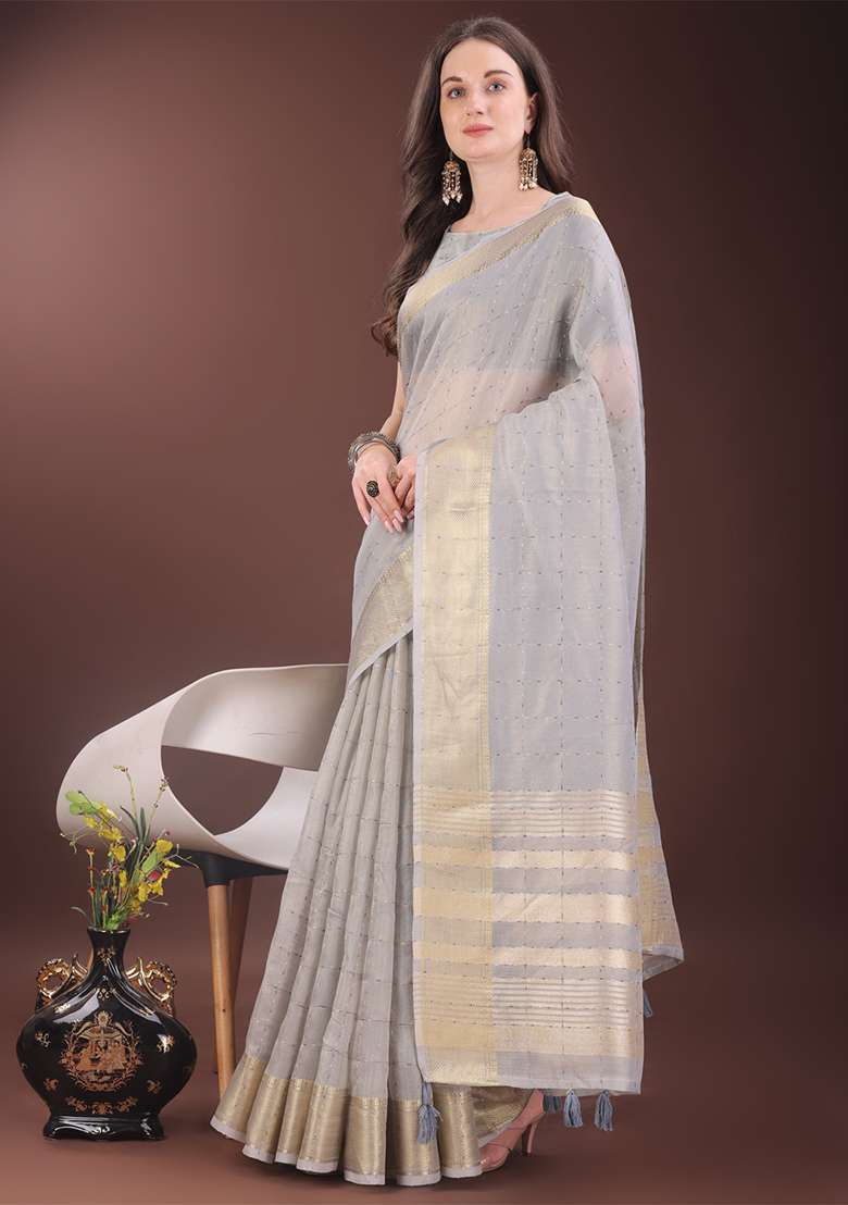 Grey Woven Zari Work Organza Saree Set - Indya