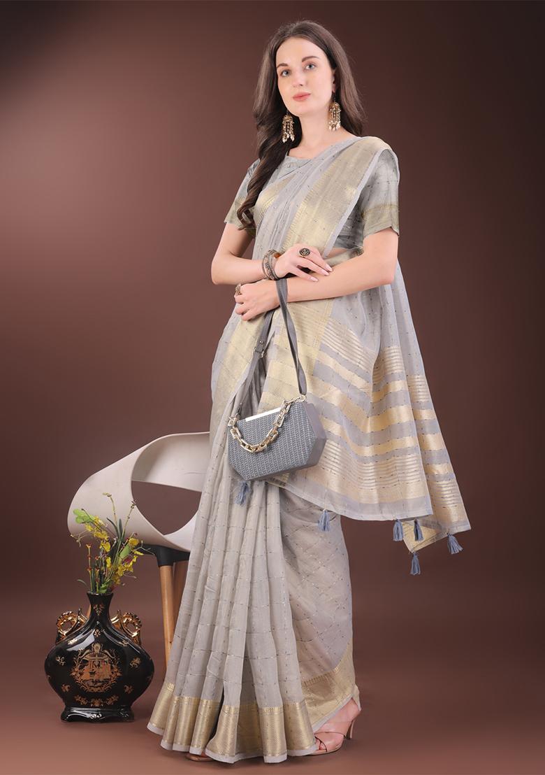 Grey Woven Zari Work Organza Saree Set