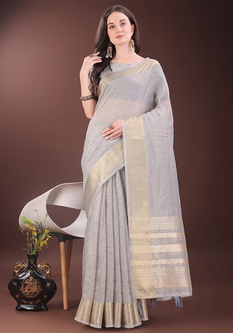 Grey Woven Zari Work Organza Saree Set