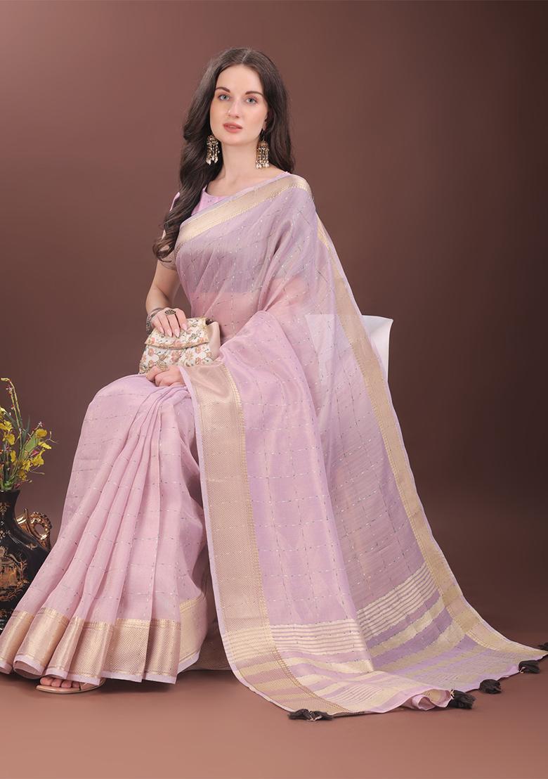 Pink Woven Zari Work Organza Saree Set