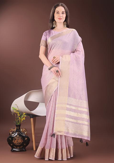 Pink Woven Zari Work Organza Saree Set