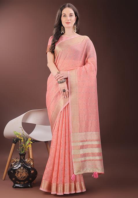 Peach Woven Zari Work Organza Saree Set