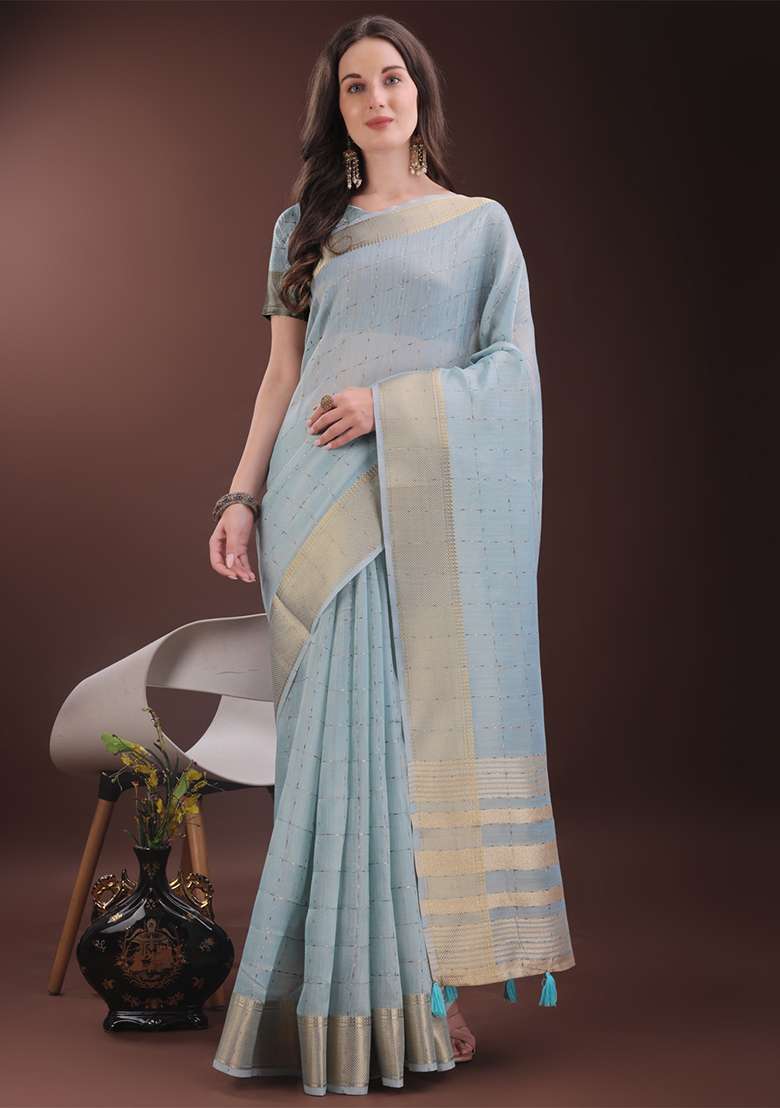Sky Blue Woven Zari Work Organza Saree Set - Indya