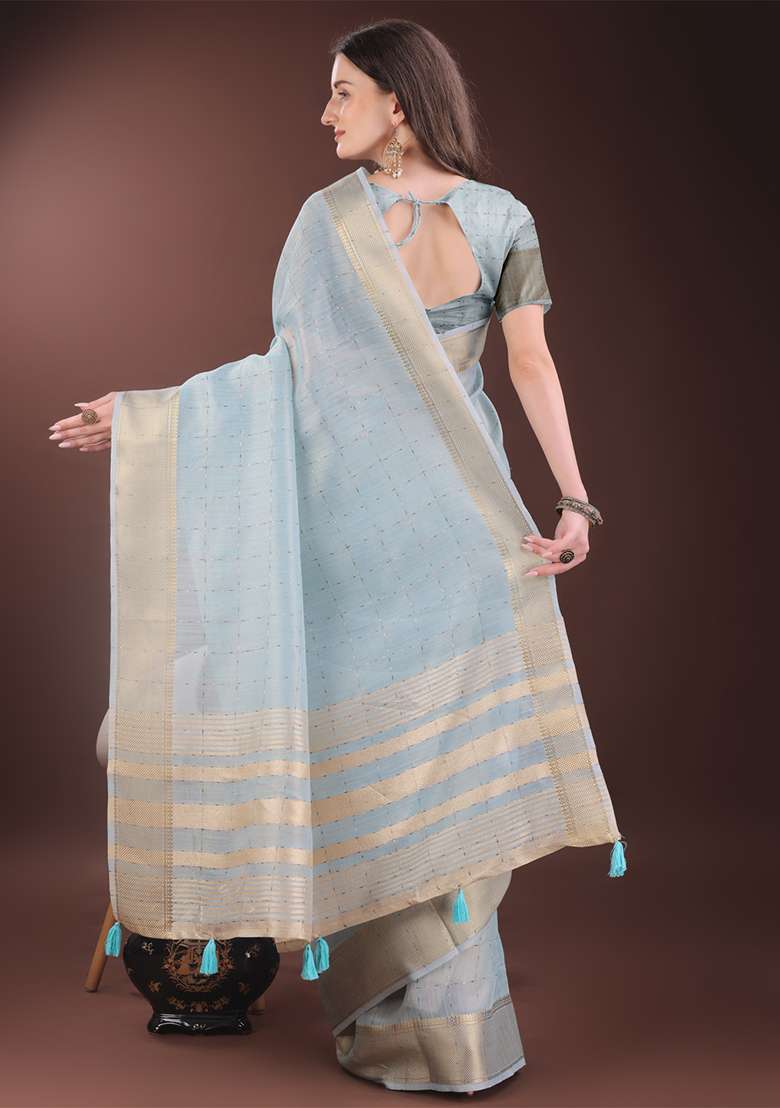 Sky Blue Woven Zari Work Organza Saree Set - Indya