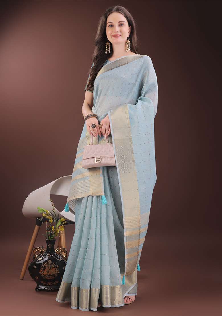 Sky Blue Woven Zari Work Organza Saree Set - Indya