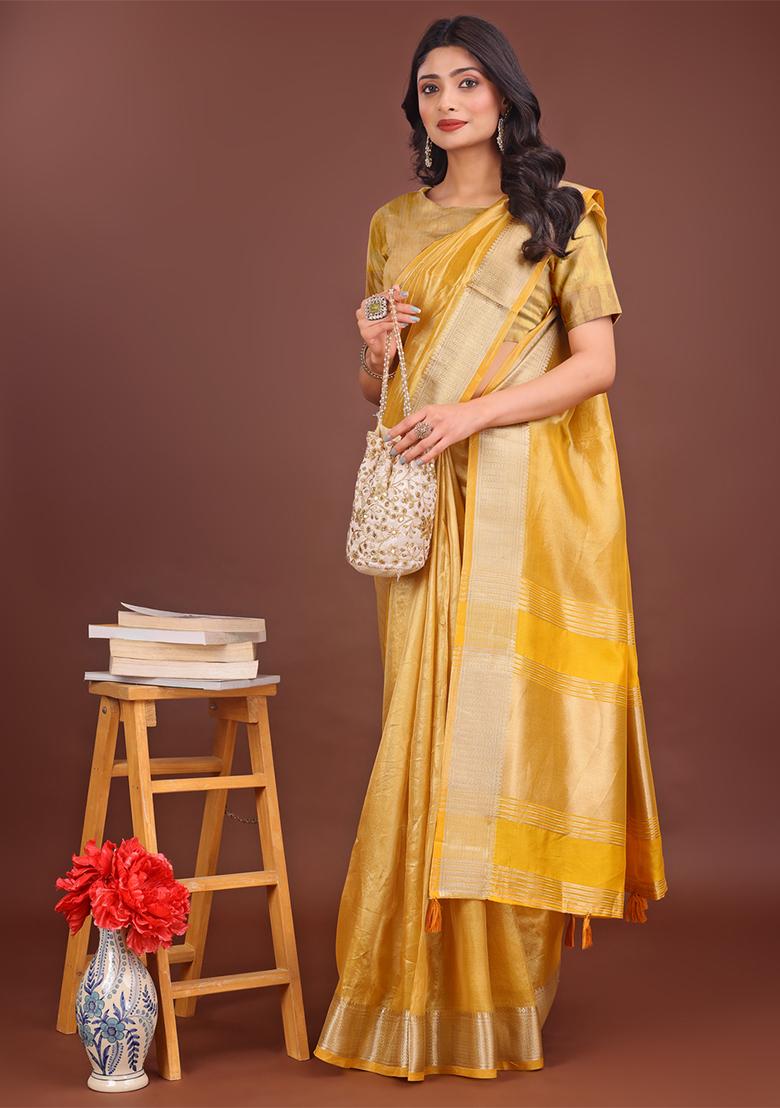 Yellow Woven Zari Work Organza Saree Set