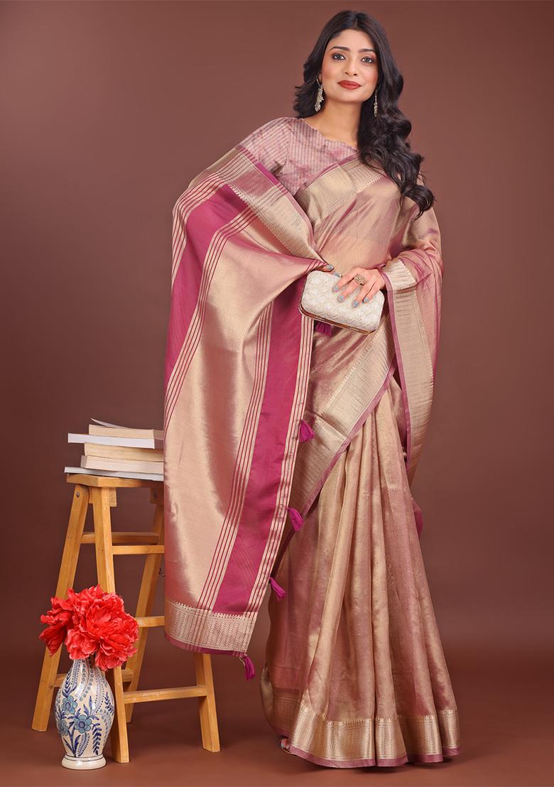 Light Pink Woven Zari Work Organza Saree Set