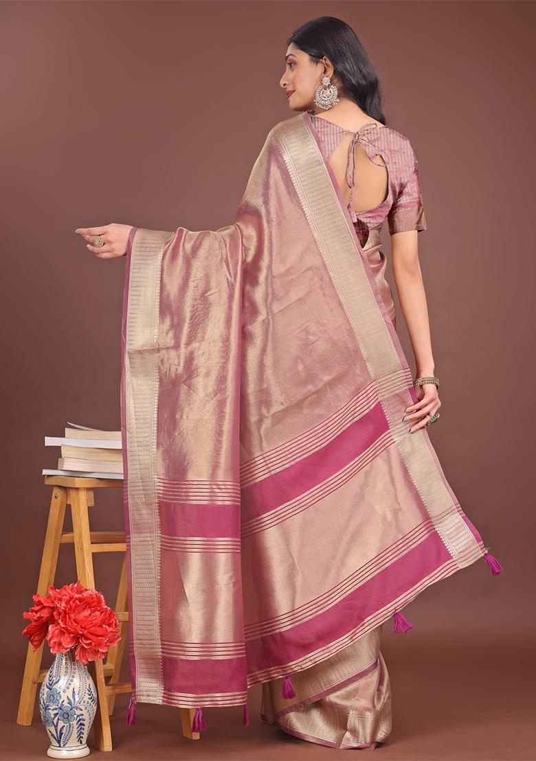 Light Pink Woven Zari Work Organza Saree Set