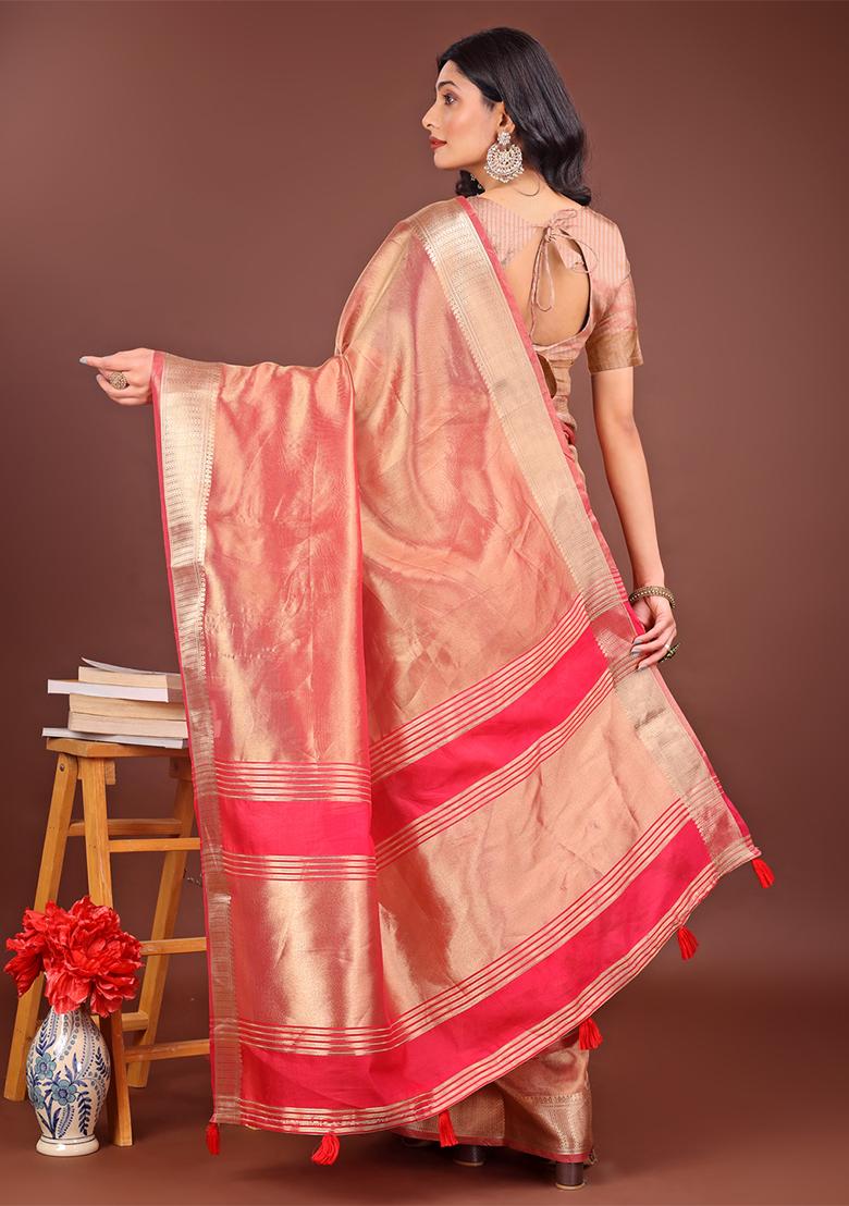 Orange Woven Zari Work Organza Saree Set