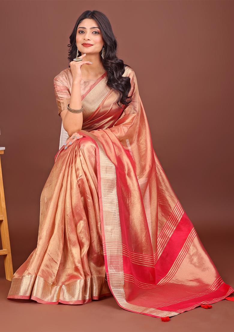 Orange Woven Zari Work Organza Saree Set