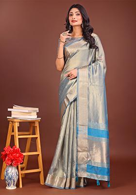 Grey Woven Zari Work Organza Saree Set