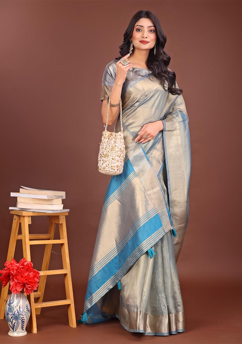 Grey Woven Zari Work Organza Saree Set