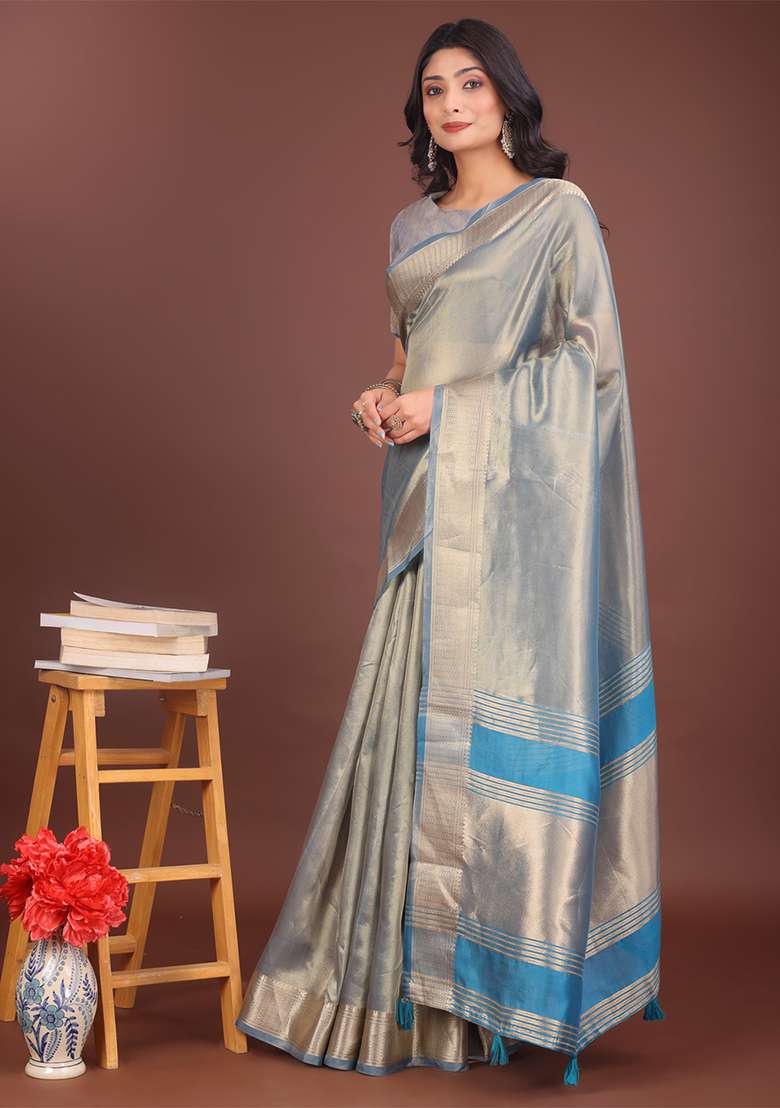 Grey Woven Zari Work Organza Saree Set - Indya