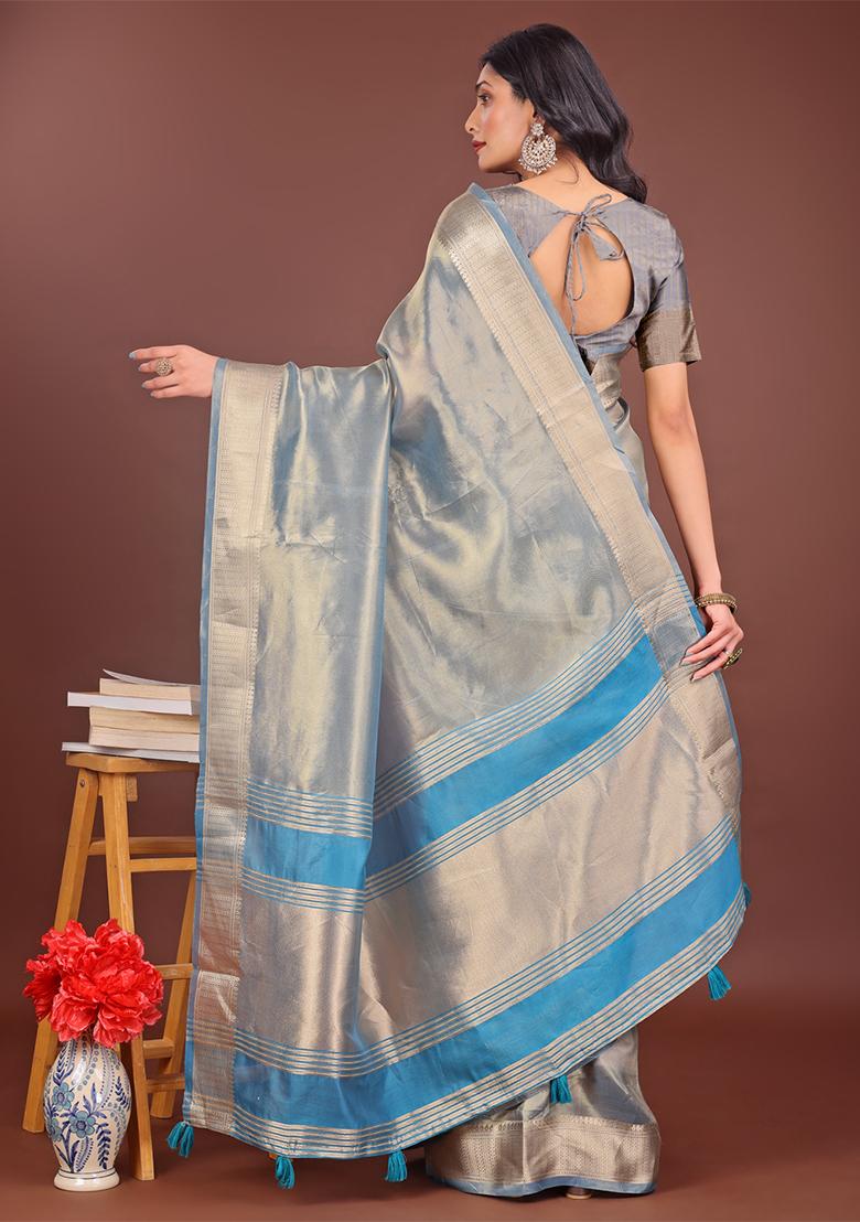 Grey Woven Zari Work Organza Saree Set