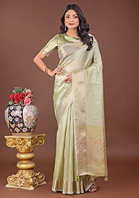 Light Green Woven Zari Work Organza Saree Set