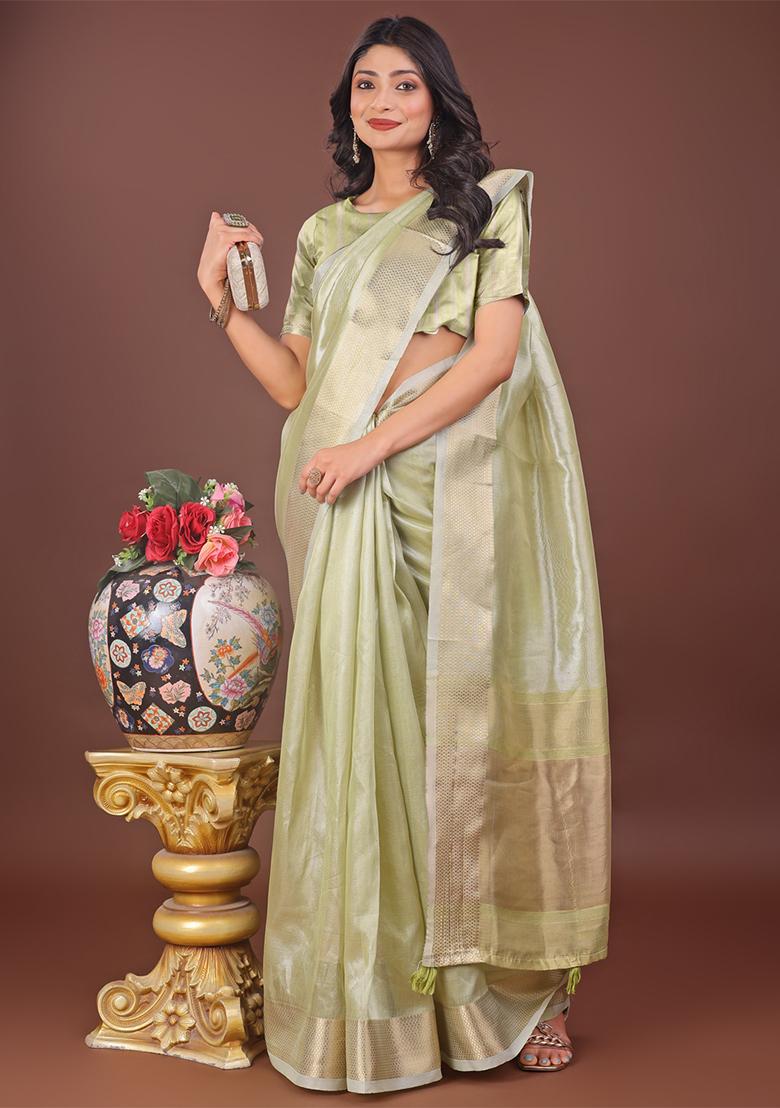 Light Green Woven Zari Work Organza Saree Set