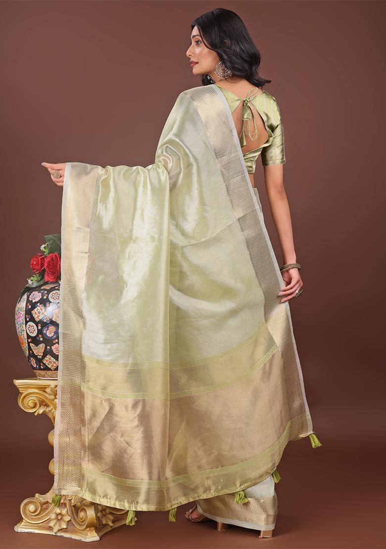 Light Green Woven Zari Work Organza Saree Set
