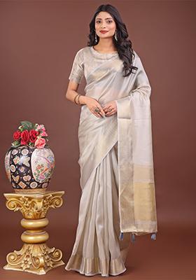 Grey Woven Zari Work Organza Saree Set