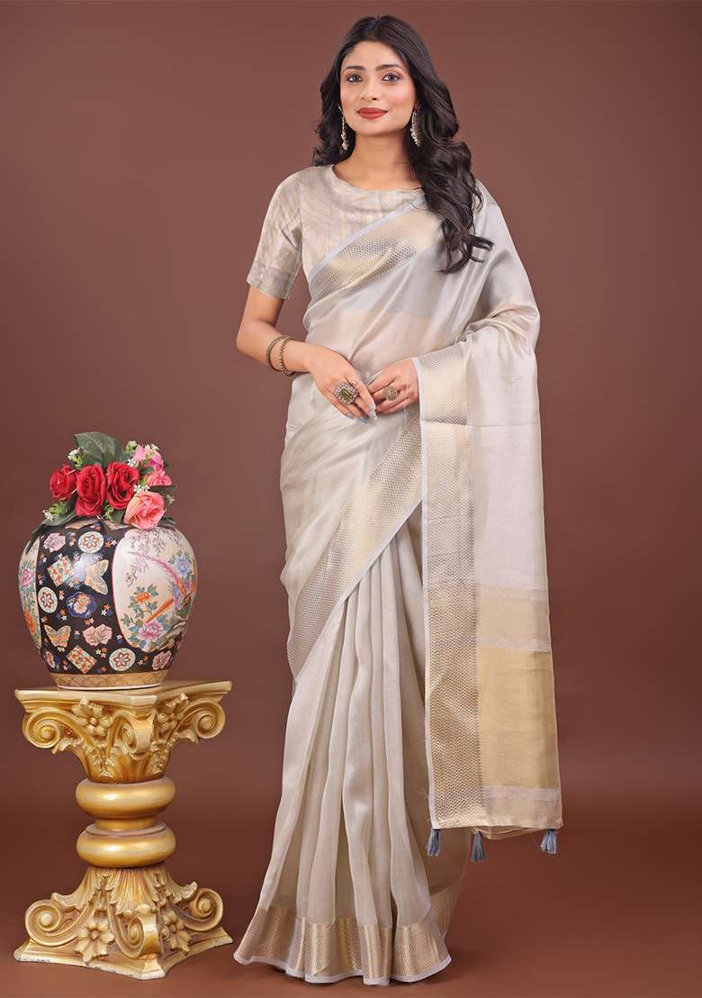 Grey Woven Zari Work Organza Saree Set - Indya