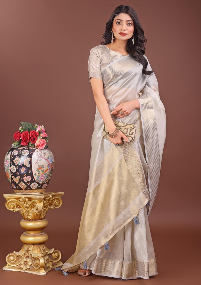 Grey Woven Zari Work Organza Saree Set