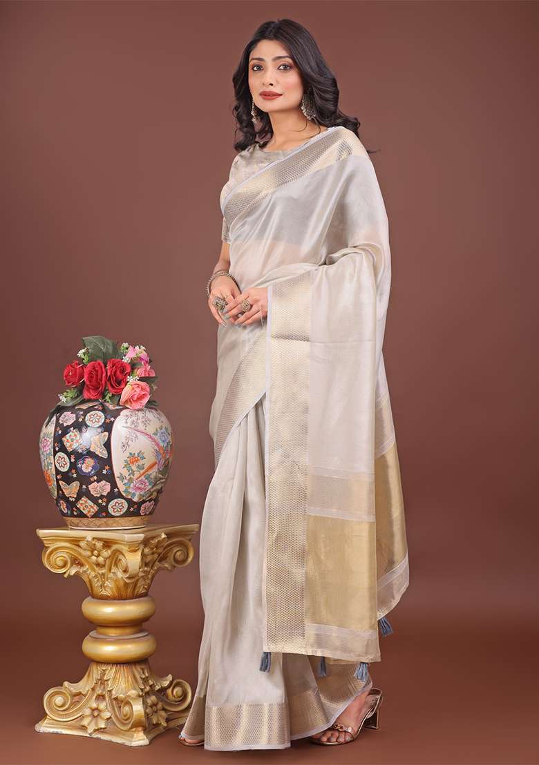 Grey Woven Zari Work Organza Saree Set - Indya