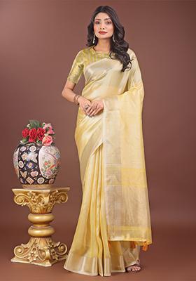 Yellow Woven Zari Work Organza Saree Set