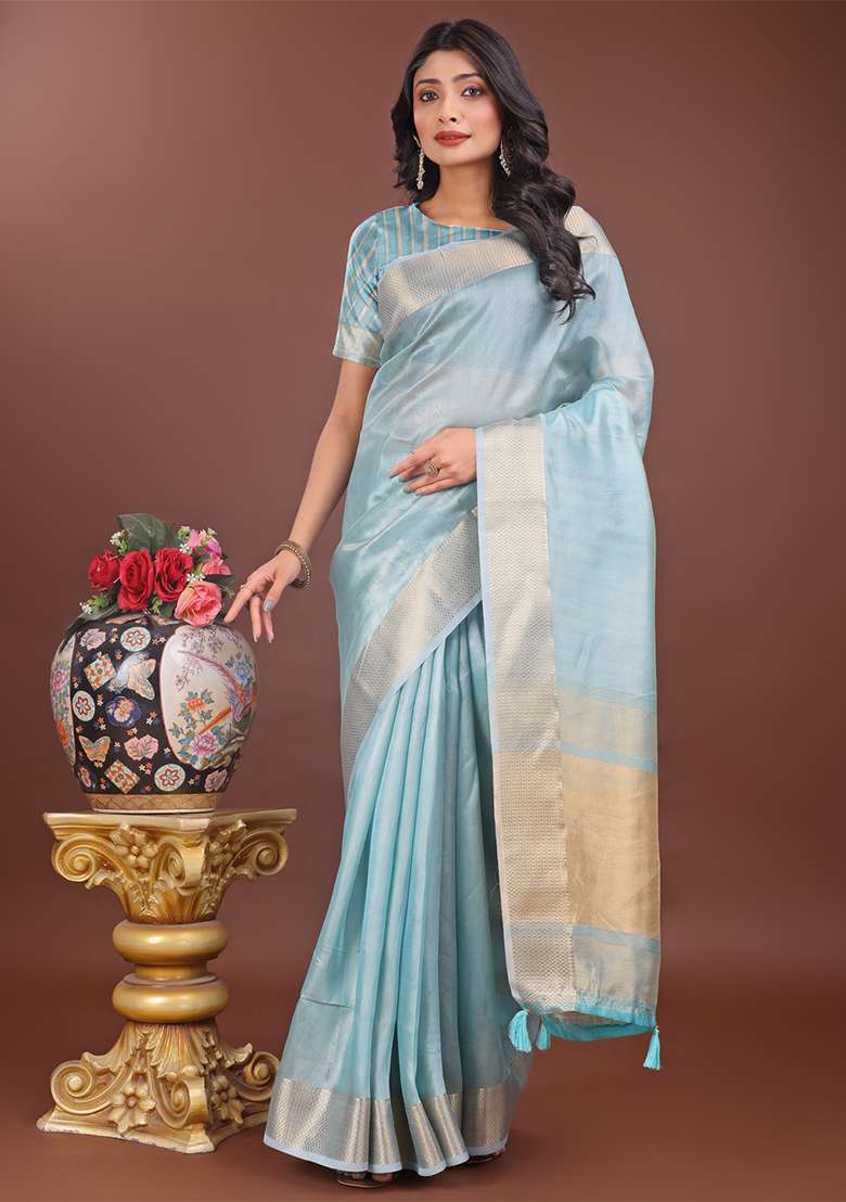 Sky Blue Woven Zari Work Organza Saree Set - Indya