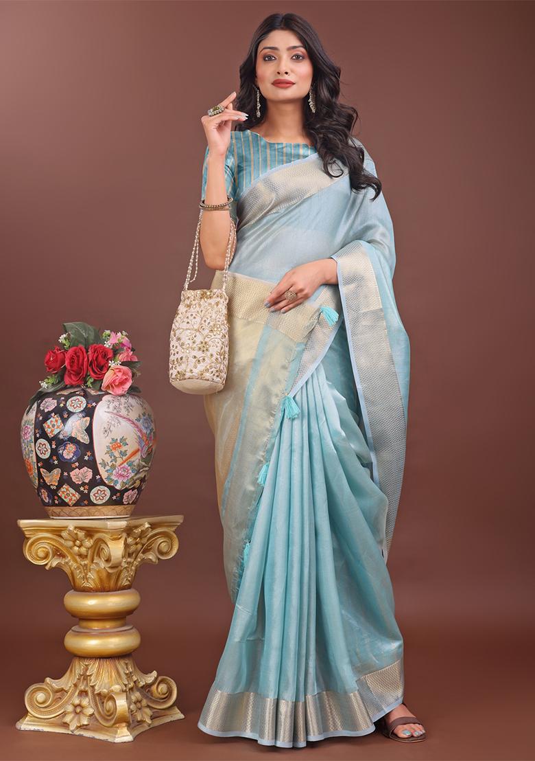 Sky Blue Woven Zari Work Organza Saree Set