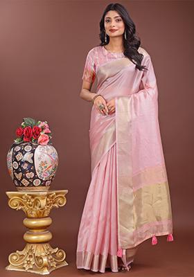 Pink Woven Zari Work Organza Saree Set