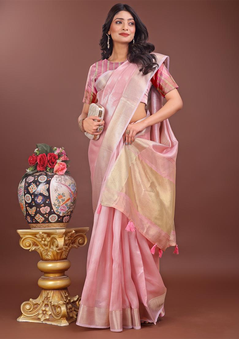 Pink Woven Zari Work Organza Saree Set