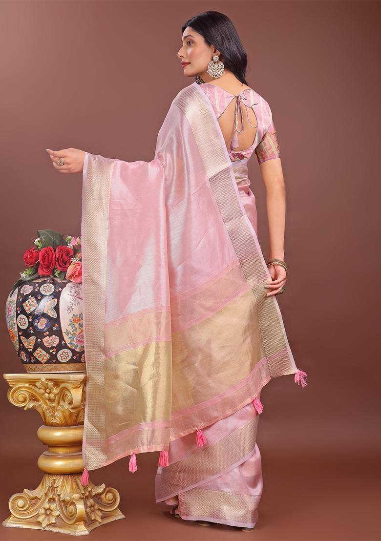 Pink Woven Zari Work Organza Saree Set