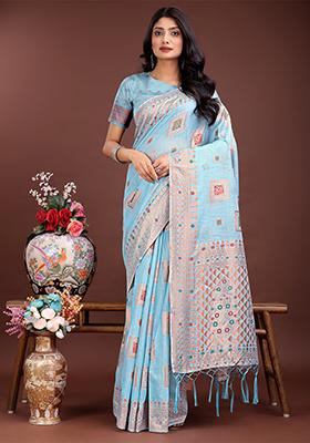 Sky Blue Woven Zari Work Linen Cotton Saree Set