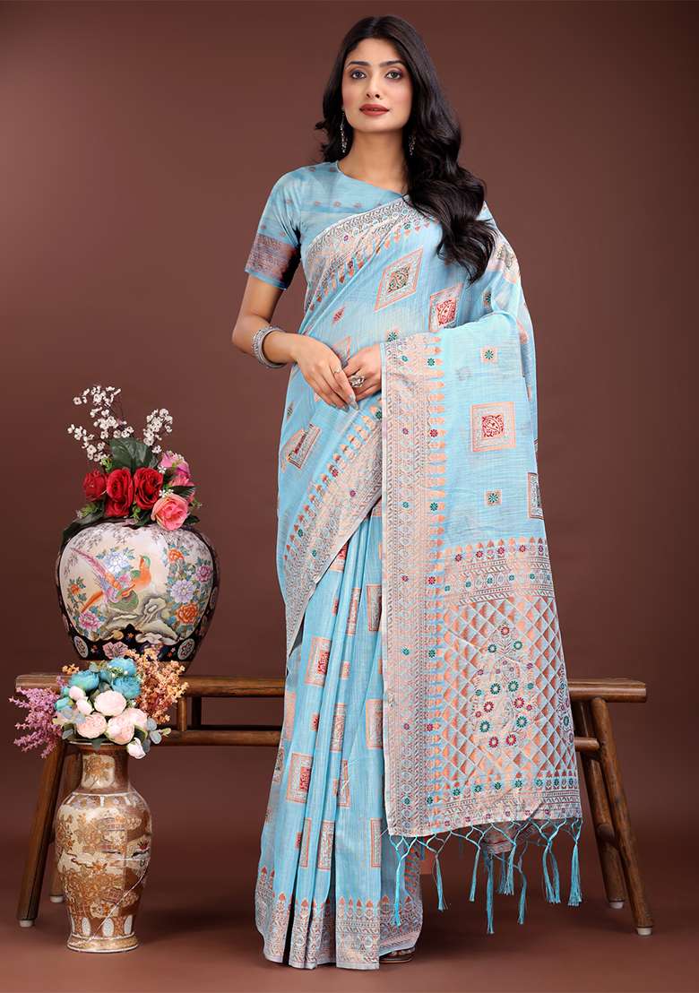 Sky Blue Woven Zari Work Linen Cotton Saree Set - Indya