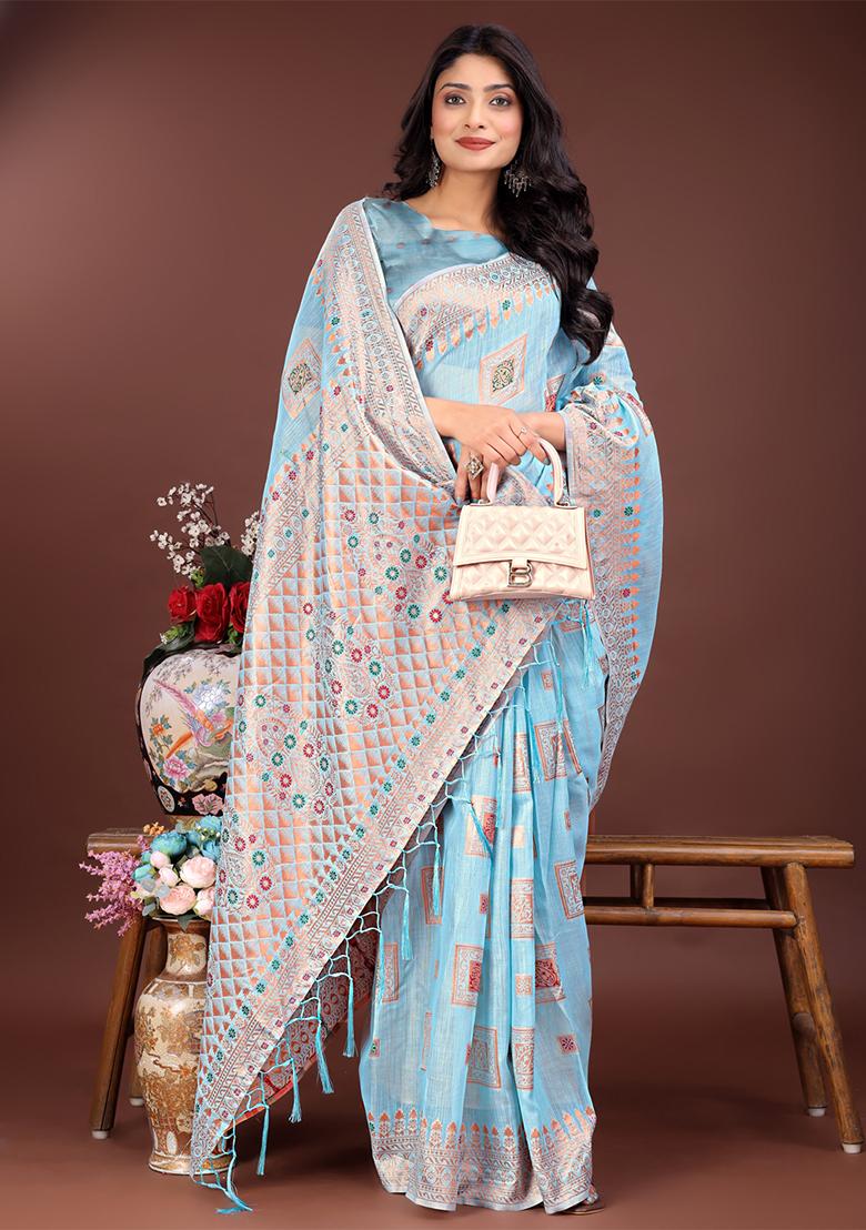 Sky Blue Woven Zari Work Linen Cotton Saree Set