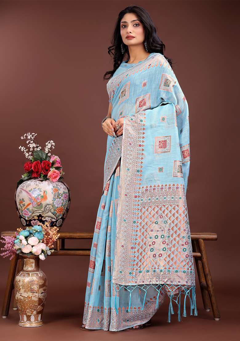 Sky Blue Woven Zari Work Linen Cotton Saree Set - Indya