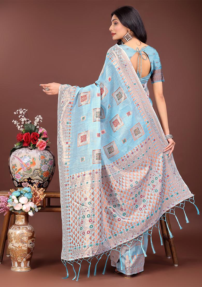 Sky Blue Woven Zari Work Linen Cotton Saree Set