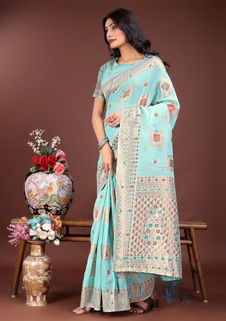 Sea Green Woven Zari Work Linen Cotton Saree Set