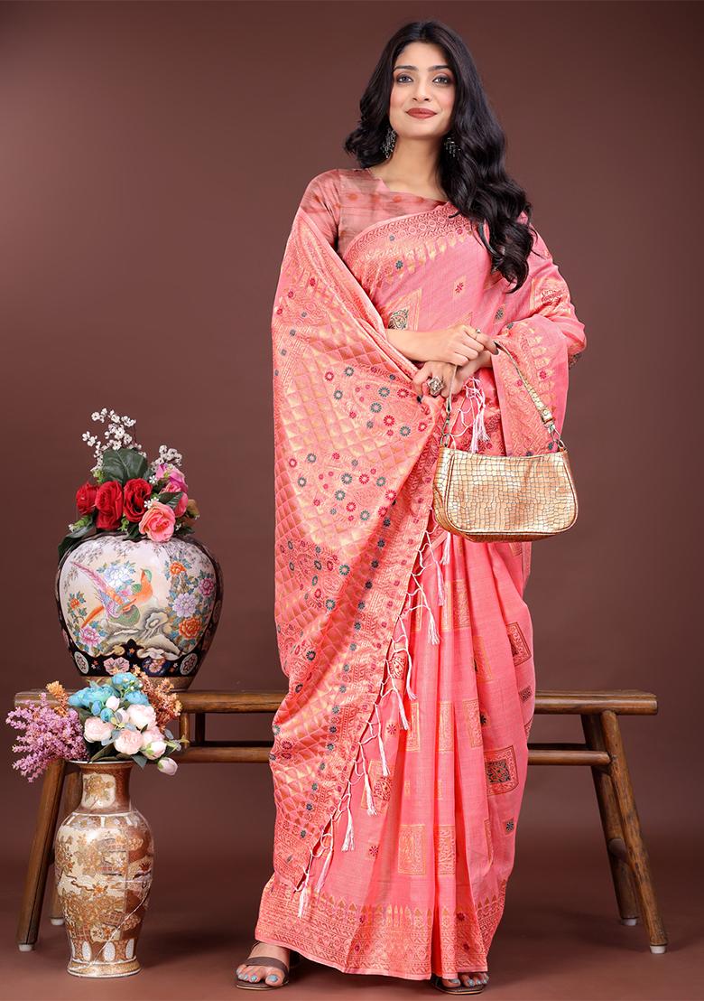 Peach Woven Zari Work Linen Cotton Saree Set
