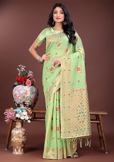 Light Green Woven Zari Work Linen Cotton Saree Set