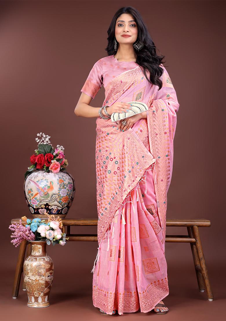 Light Pink Woven Zari Work Linen Cotton Saree Set