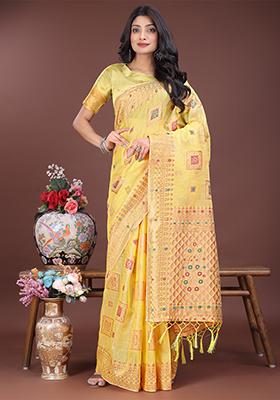 Yellow Woven Zari Work Linen Cotton Saree Set