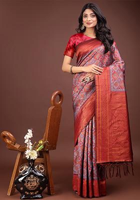 Grey Woven Zari Work Cotton Saree Set