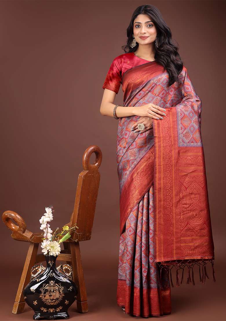 Grey Woven Zari Work Cotton Saree Set - Indya
