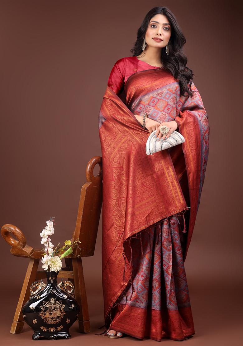 Grey Woven Zari Work Cotton Saree Set